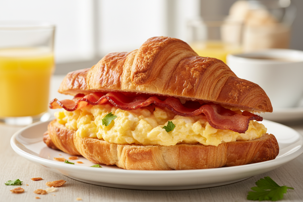 Croissant breakfast sandwich with scabble eggs and bacon 